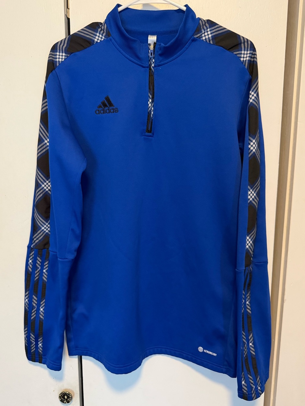 adidas Men’s Royal Blue Half-Zip Pullover with Black Plaid Sleeve Panels